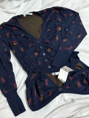 Zara Navy Floral Button-Front Women’s Cardigan